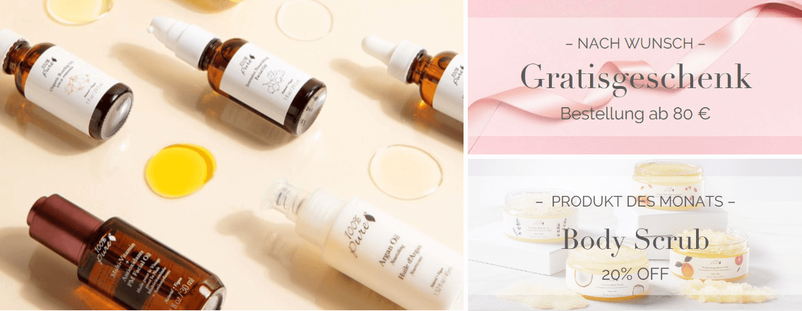 100% Pure Angebote für ein Gratis-Geschenk ab 80 Euro sowie 20 Prozent Rabatt auf das Produkt des Monats