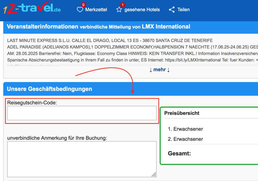 Screenshot von der Buchungsmaske mit Eingabefeld für deinen 12-travel Gutschein