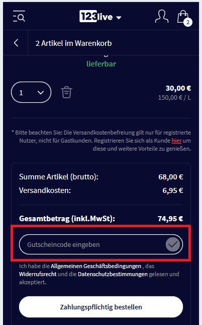 Eingabefeld für einen 123.live Gutscheincode an der Online-Kasse