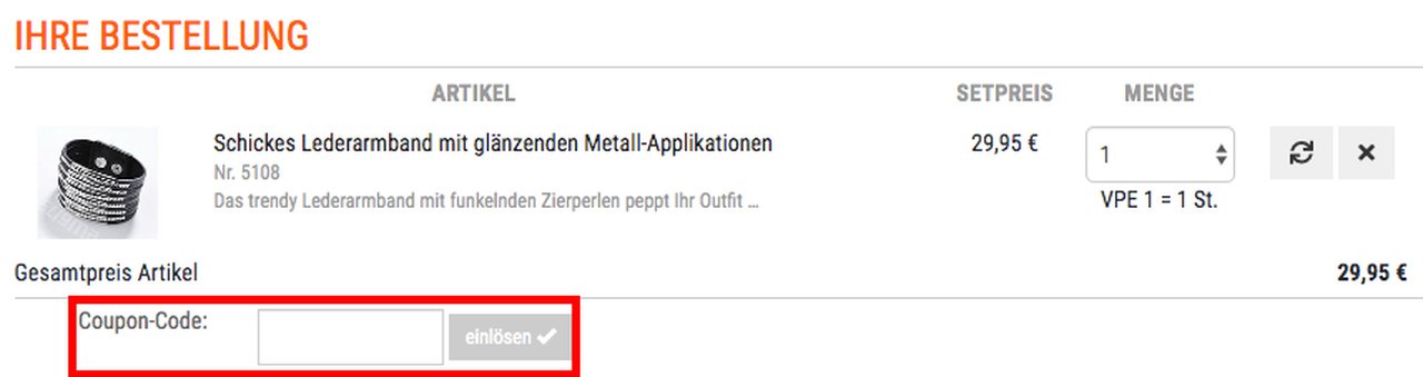 Warenkorbansicht des 1a Geschenkeshops mit Feld zum Einfügen des 1a Geschenkeshop-Gutscheins