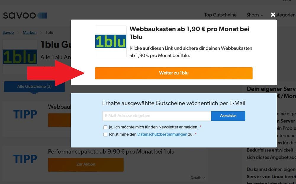 Screenshot: einen 1blu Gutschein von Savoo mit Klick auf "Weiter zu 1blu" einlösen