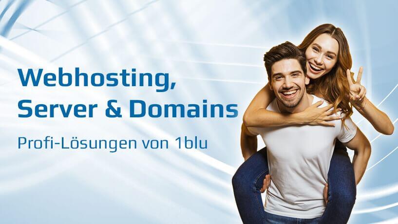 Banner für die 1blu Gutscheinseite: Mann nimmt Frau huckepack, beide schauen glücklich; Aufschrift: "Webhosting, Server und Domains – Profi-Lösungen von 1blu"