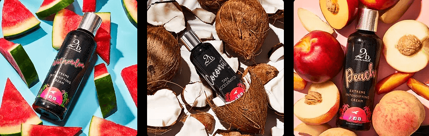 Three images of bottles of tanning lotion surrounded by fruit