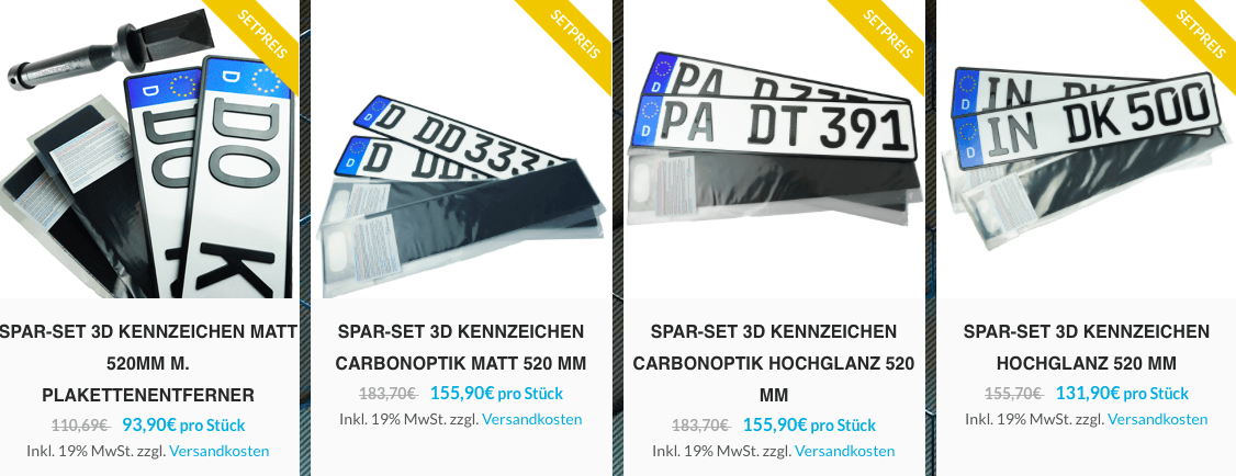 Der Online-Shop von 3D Kennzeichen mit einer großen Auswahl an Set Angeboten für deinen Kennzeichen-Einkauf