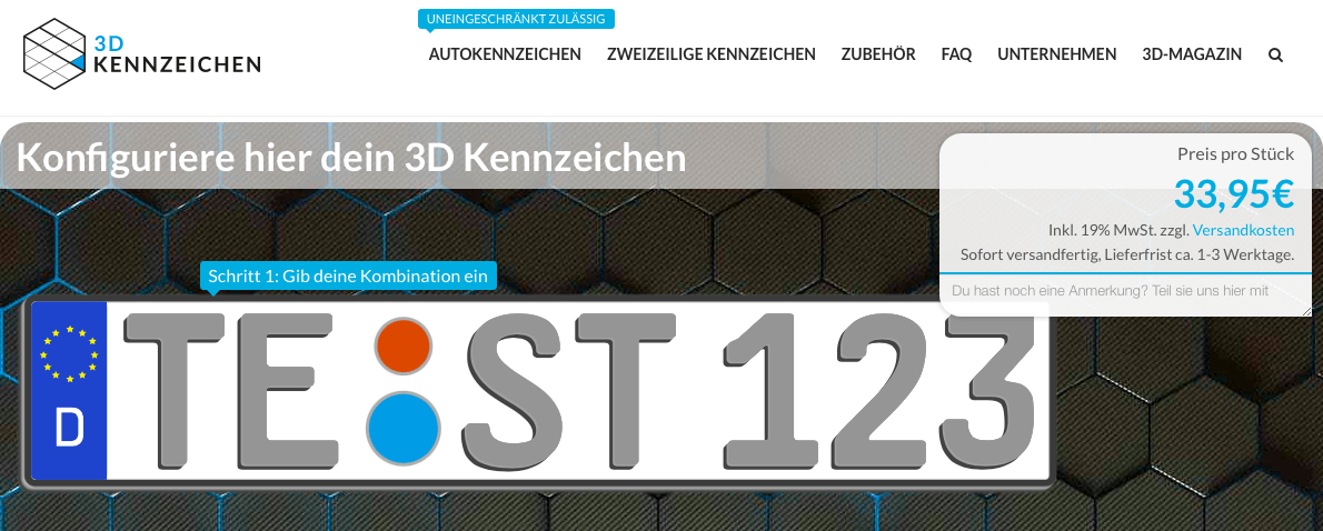 Der Online-Shop von 3D Kennzeichen mit einer großen Auswahl an passenden Kennzeichen und Zubehör für dein Fahrzeug