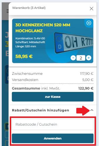 Screenshot vom Eingabefeld für einen 3D Kennzeichen Gutschein