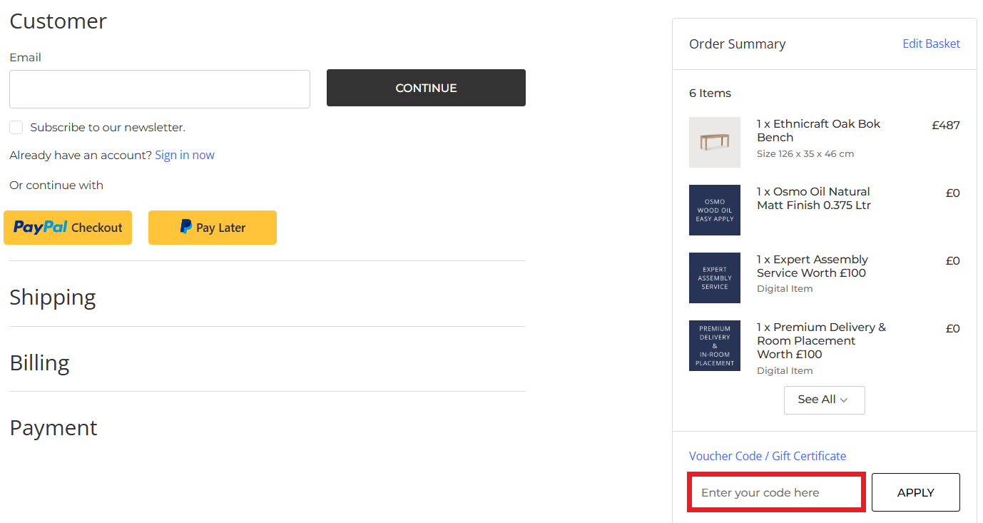 4 Living discount code box on basket page