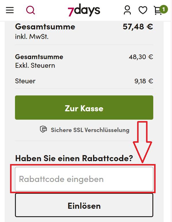 Screenshot vom Eingabefeld mit Hinweis darauf, wo du deinen 7days Gutschein einlösen kannst