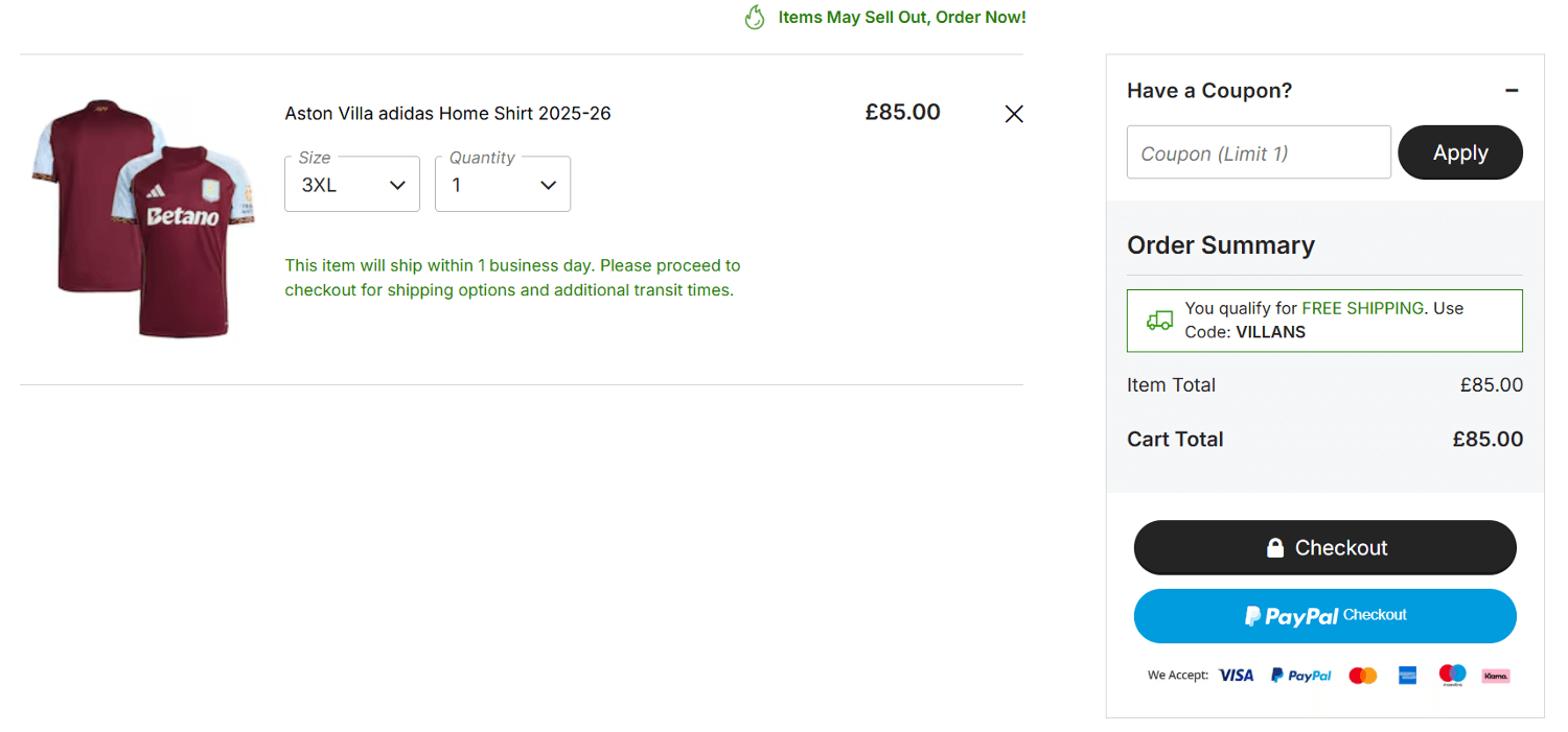 Aston Villa Store Checkout box