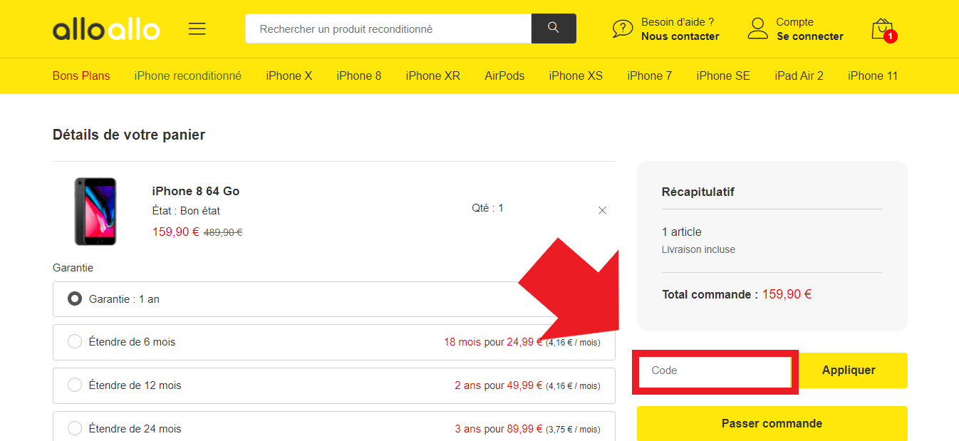 Emplacement pour codes promo Allo Allo