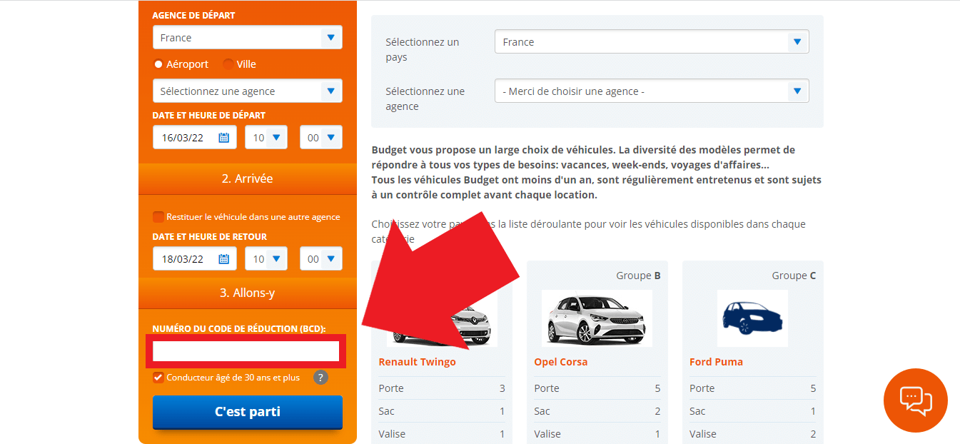 Emplacement pour codes promo Budget
