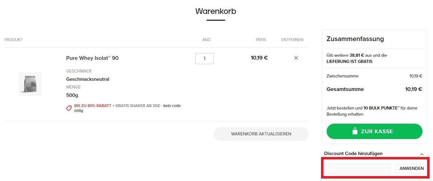 Eingabefeld zum Bulk Rabattcode einlösen