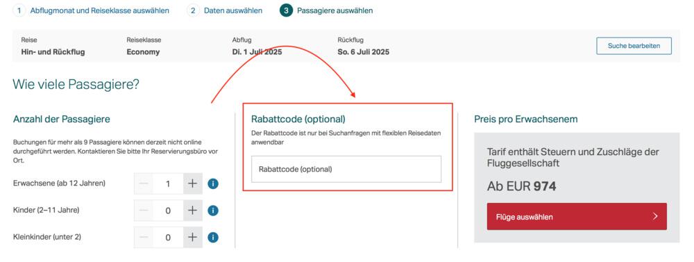 Screenshot aus dem Booking Prozess mit Eingabefeld für deinen Cathay Pacific Gutschein