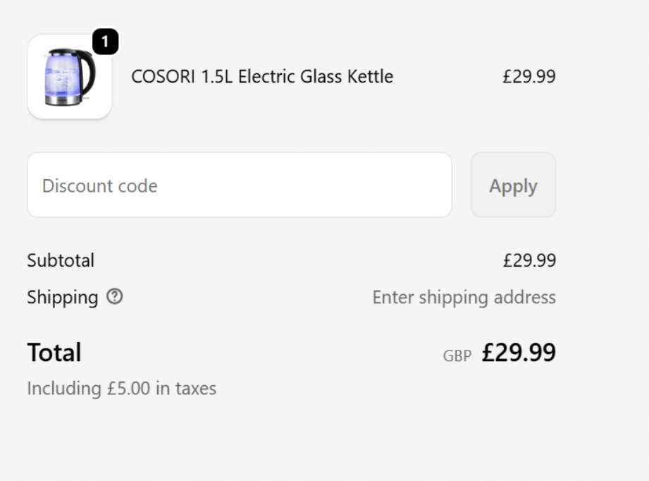 Checkout page for Cosori showing discount code