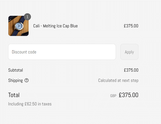 Checkout page for "Cali - Melting Ice Cap Blue" watch priced at £375.00. Features a discount code box, subtotal, shipping info, and total including tax.