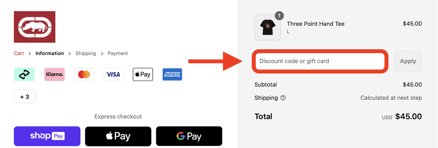 red arrow pointing to ecko unltd discount code box