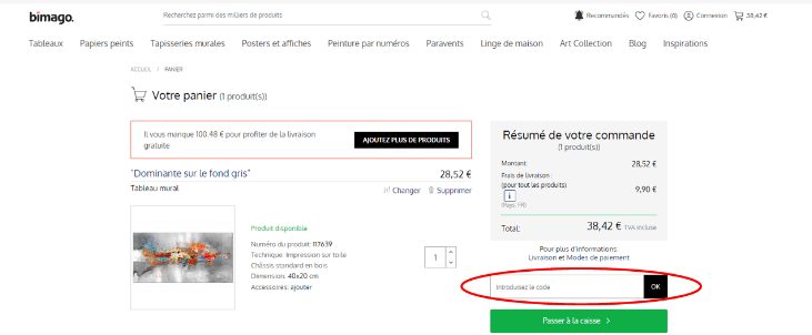 Emplacement pour code promo Bimago