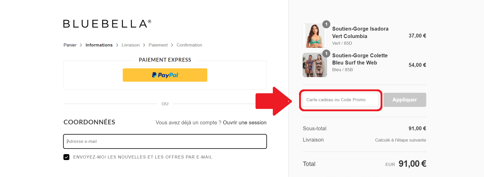 Panier de commande avec emplacement pour code promo Bluebella