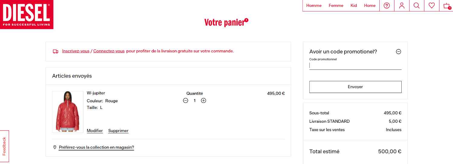 Emplacement pour codes promo Diesel