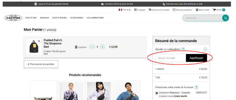 Emplacement code promo Eastpak