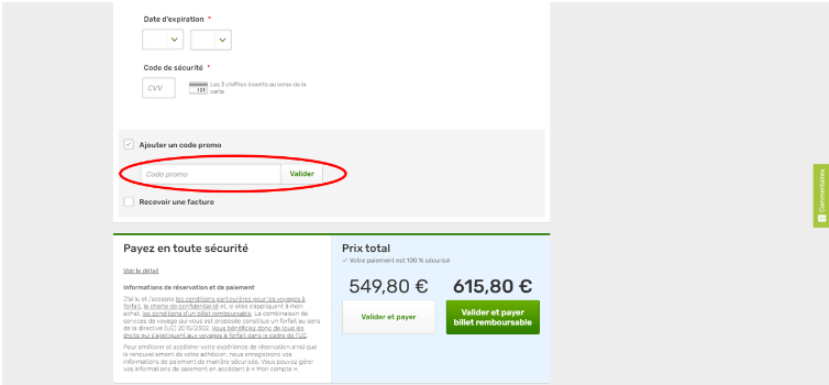 Emplacement du code promo Go Voyages lors d&apos;une réservation de vol ou d’un combiné vol+ hôtel