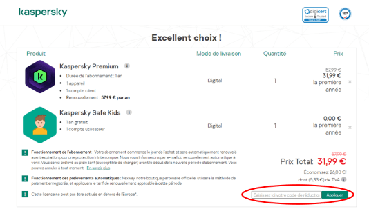 Emplacement code promo Kaspersky