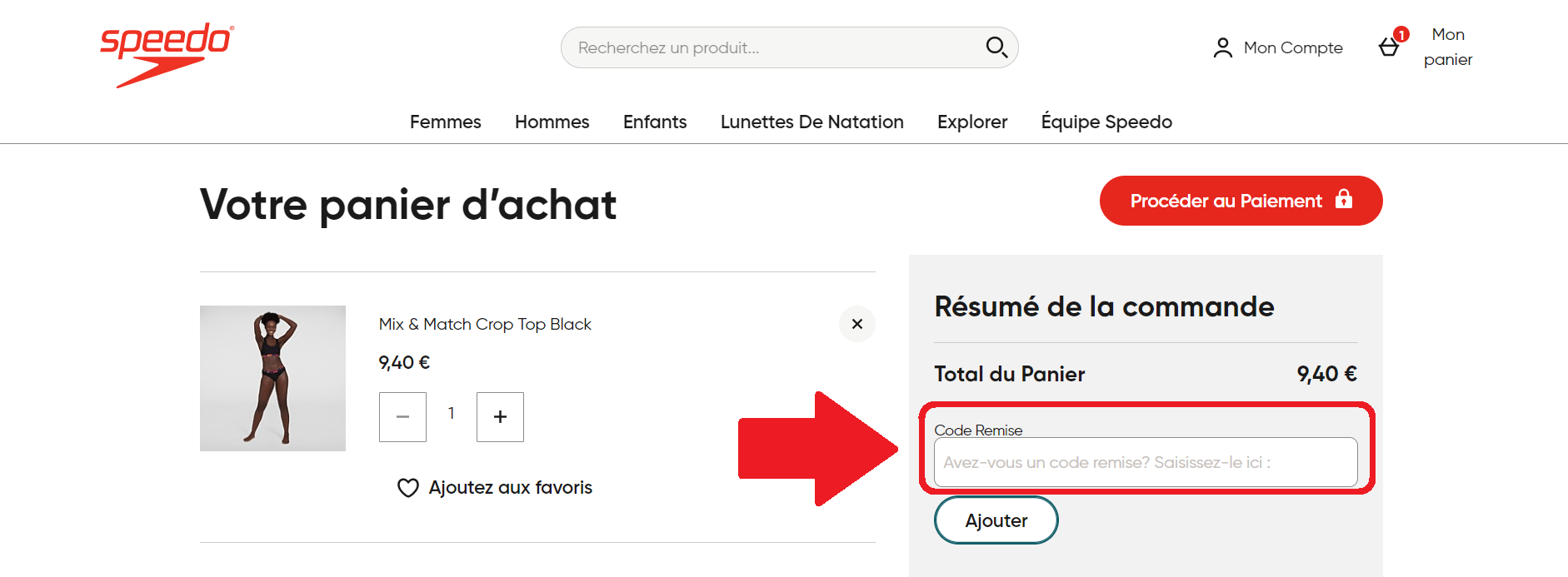 Emplacement pour code promo Speedo