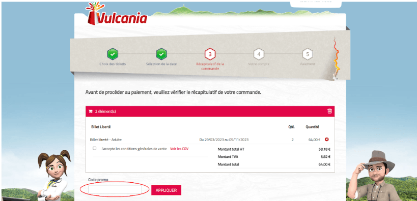 Panier de réservation avec emplacement pour code promo Vulcania
