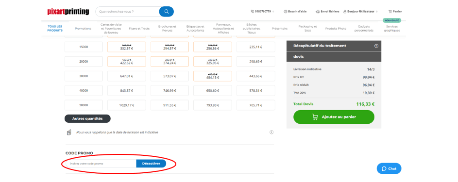 Emplacement du code promo Pixarprinting