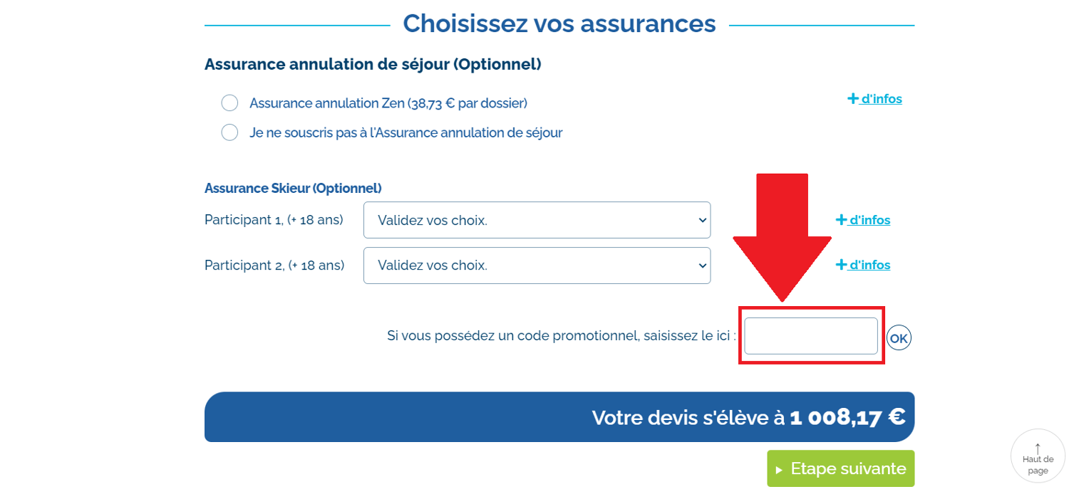 Emplacement code promo Travelski