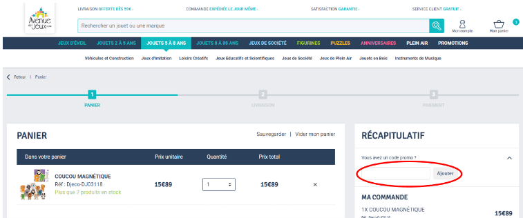 Emplacement pour code promo Avenue des jeux