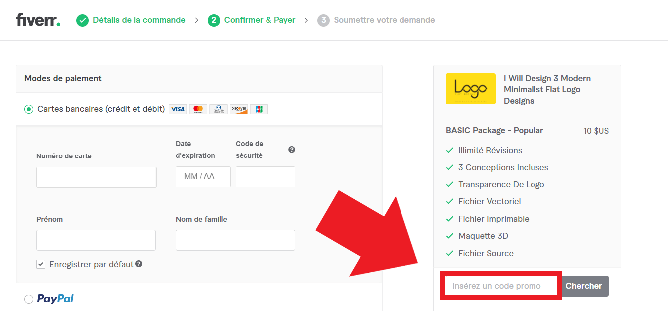 Emplacement codes promo Fiverr