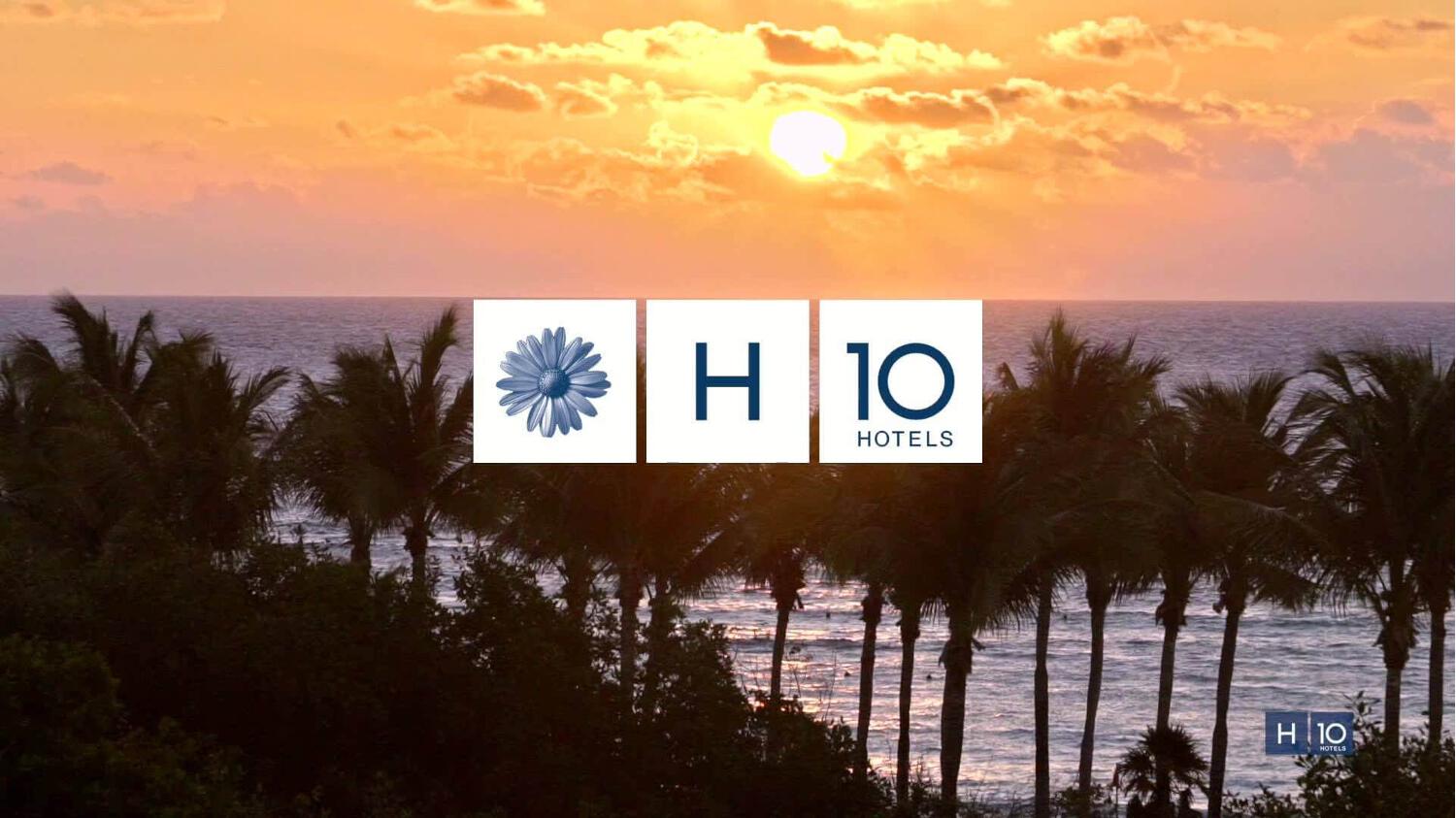 H10 Hotels Logo with a warm beach sunset behind it