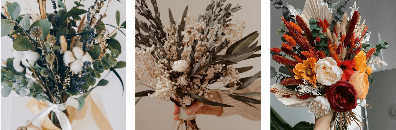 Three images of hand tied dried flower bouquets