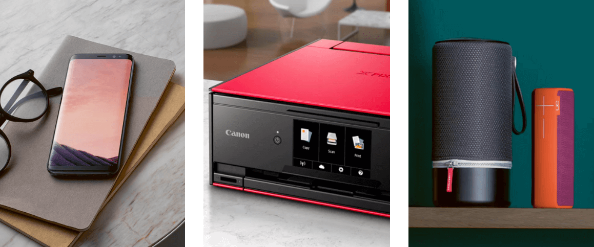 A smartphone Apple iPhone, Canon Printer and Bluetooth Speaker from John Lewis