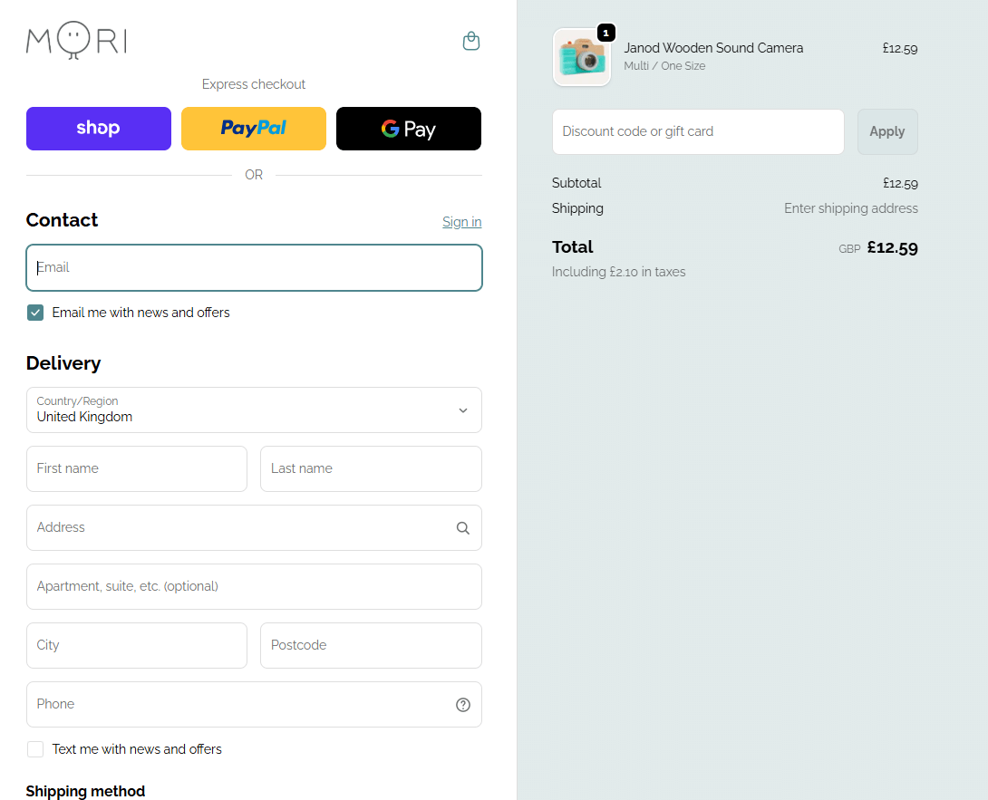 Kidly Checkout page for order