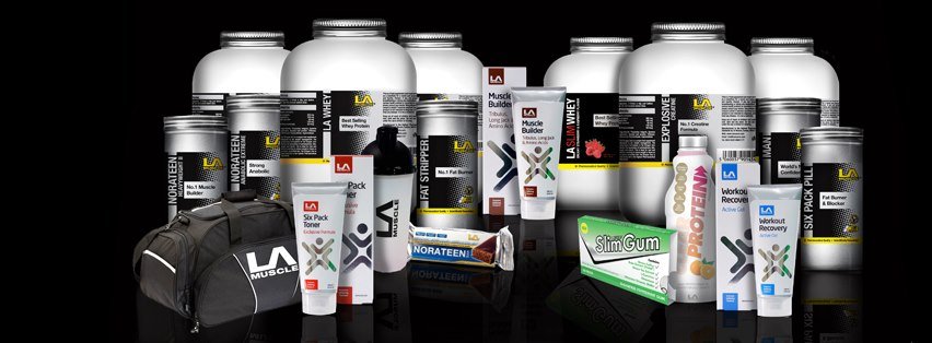 Image of the LA Muscle supplement collection including protein, Whey, weight loss, and gym bag