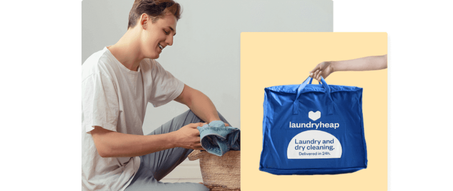 Image of a man holding a shirt and a Laundryheap branded bag
