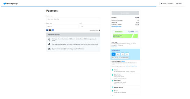 image of Laundryheap checkout page with discount code box