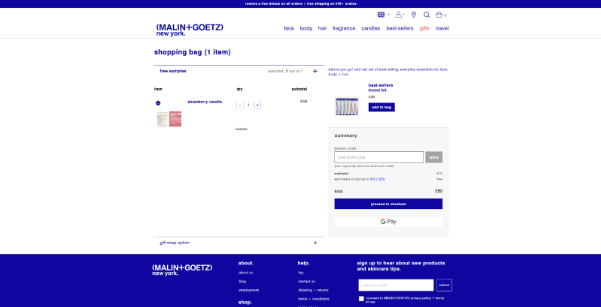 Checkout page for Malin+goetz with a discount code box
