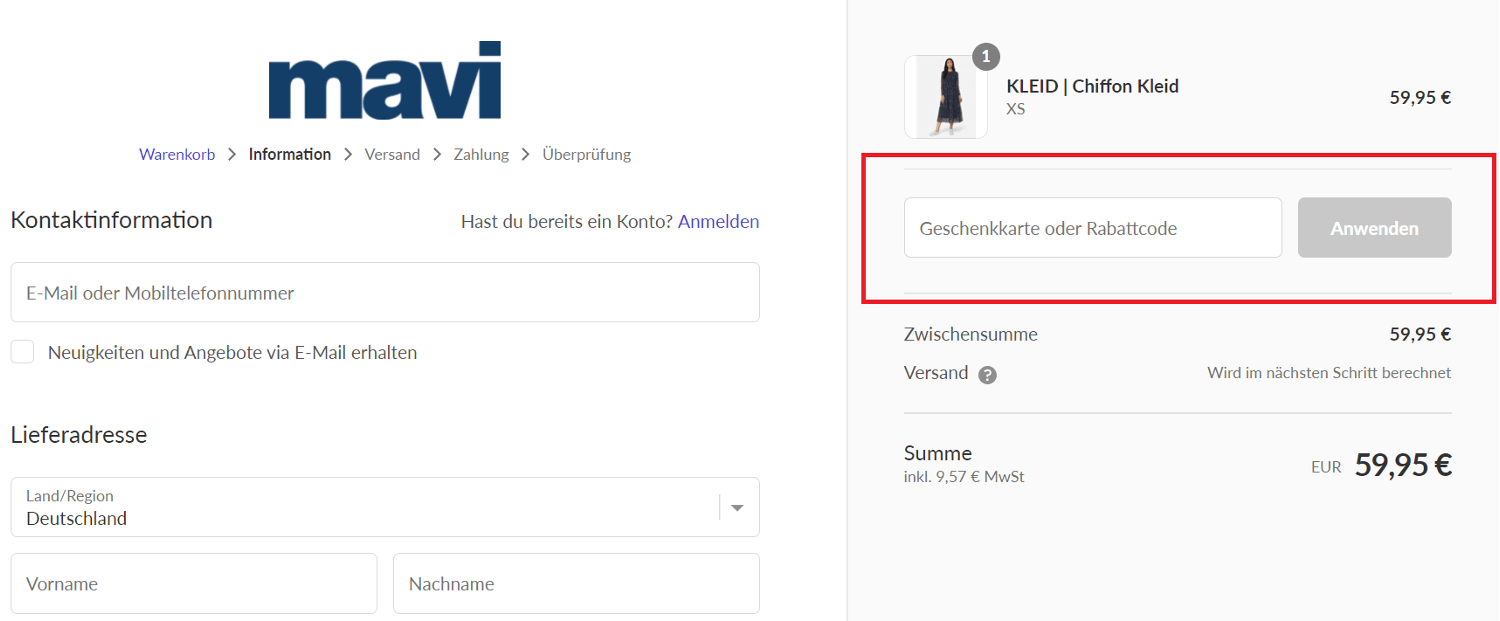 Kasse des Online-Shops mit Eingabefeld für Mavi-Gutscheine
