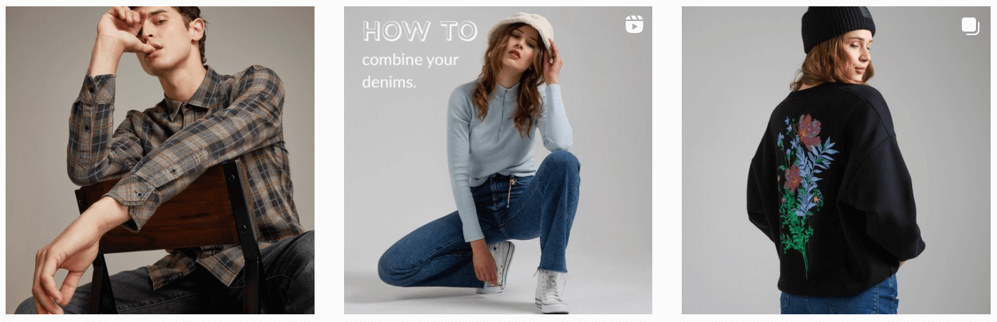Drei Bilder aus dem Instagram-Feed der Marke, von denen eines Styling-Tipps für Mavi-Jeans ankündigt.