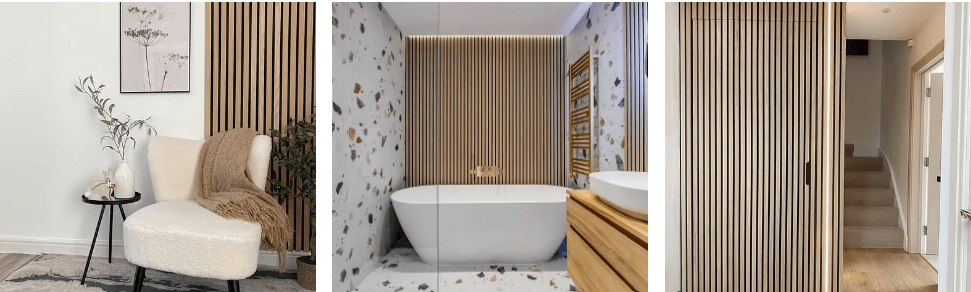 Three images of diffeent rooms with wood panelling effect