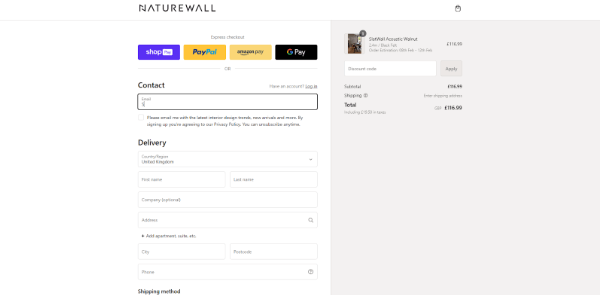 Image of Naturewall checkout page with discount code box