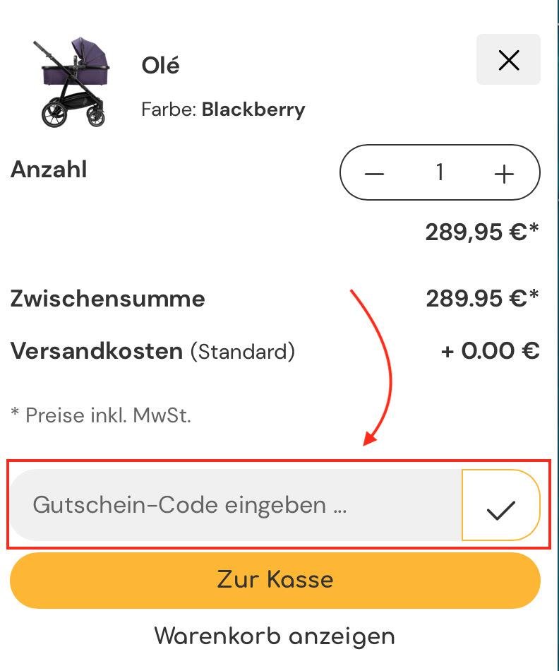 Warenkorb-Screenshot mit Eingabefeld für deinen Osann Gutschein