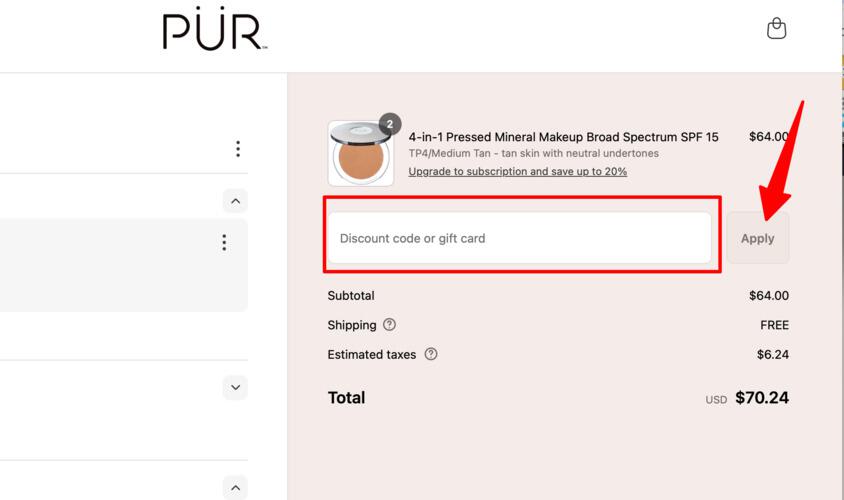 PUR Coupon code box in cart