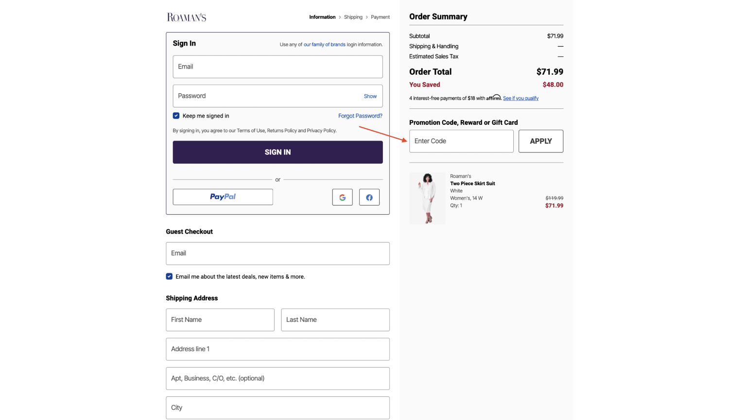 Roamans Enter Coupon Box