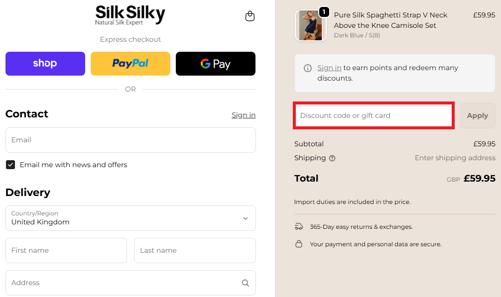 SILKSILKY discount code redemption box on the checkout page