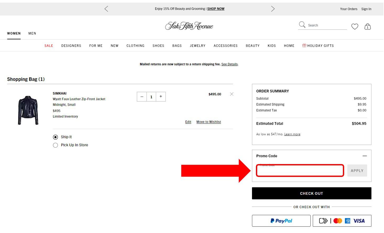 Saks Fifth Avenue discount code box at checkout
