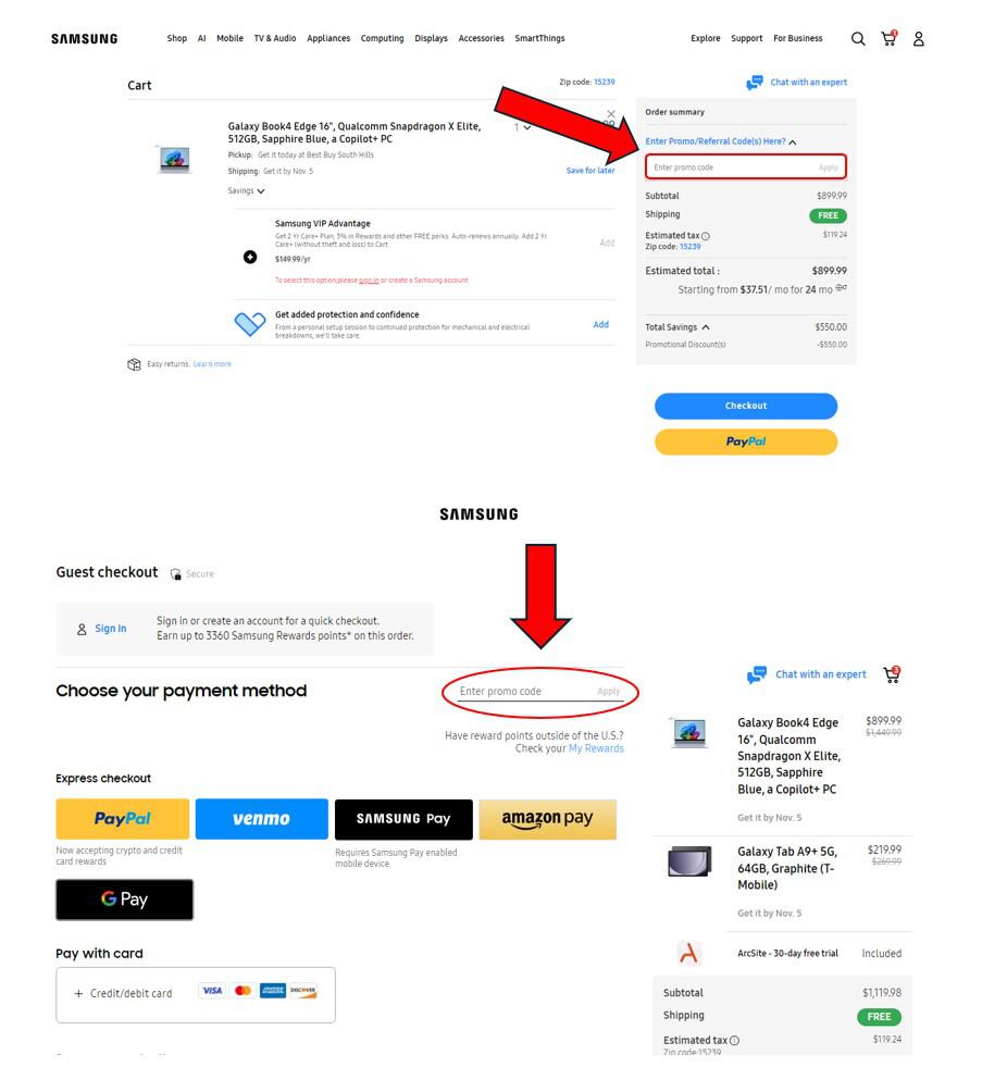 Samsung coupon box at checkout